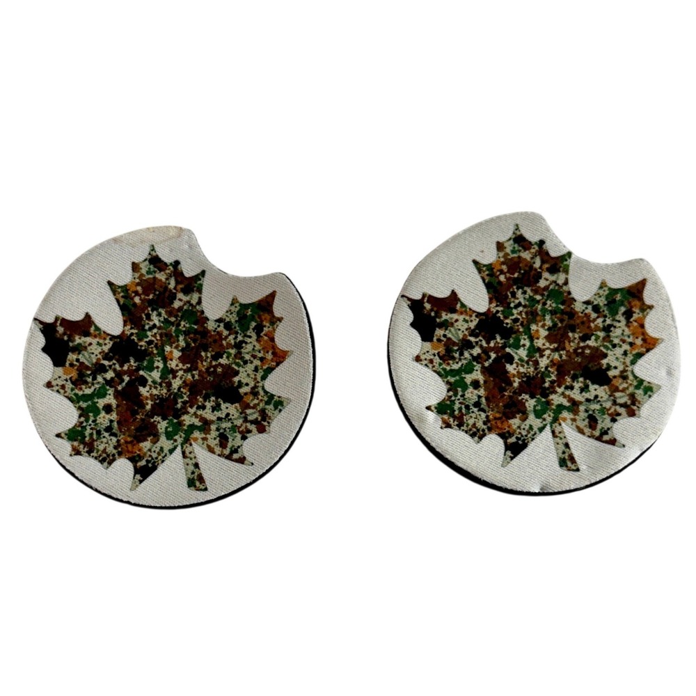 Handcrafted‎ Camouflage Maple Leaf Car Cup Holder Coasters Set of 2 White Rustic